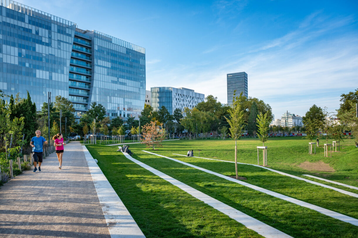 Parc urbain avec immeubles en arrière-plan.