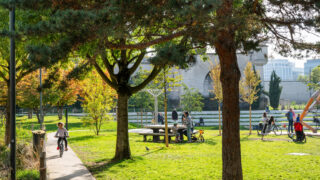 Enfants jouant dans un parc ensoleillé.