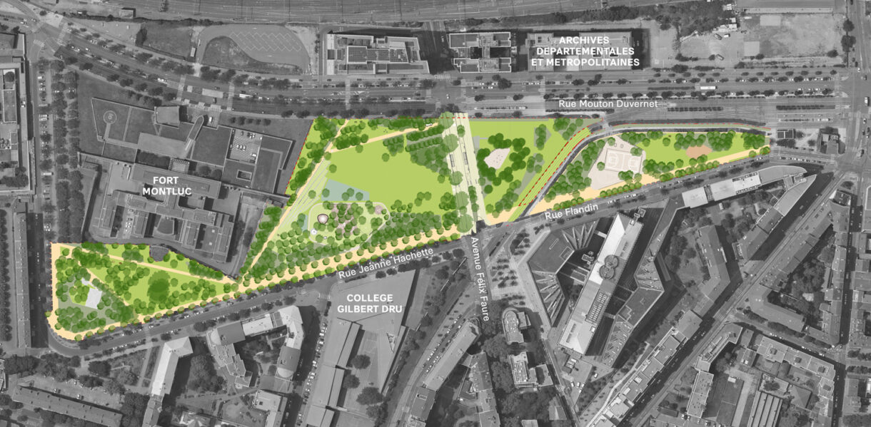 Carte aérienne du parc et bâtiments environnants.