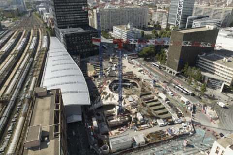 Photo aérienne du chantier du PEM - été 2023 ©Photec