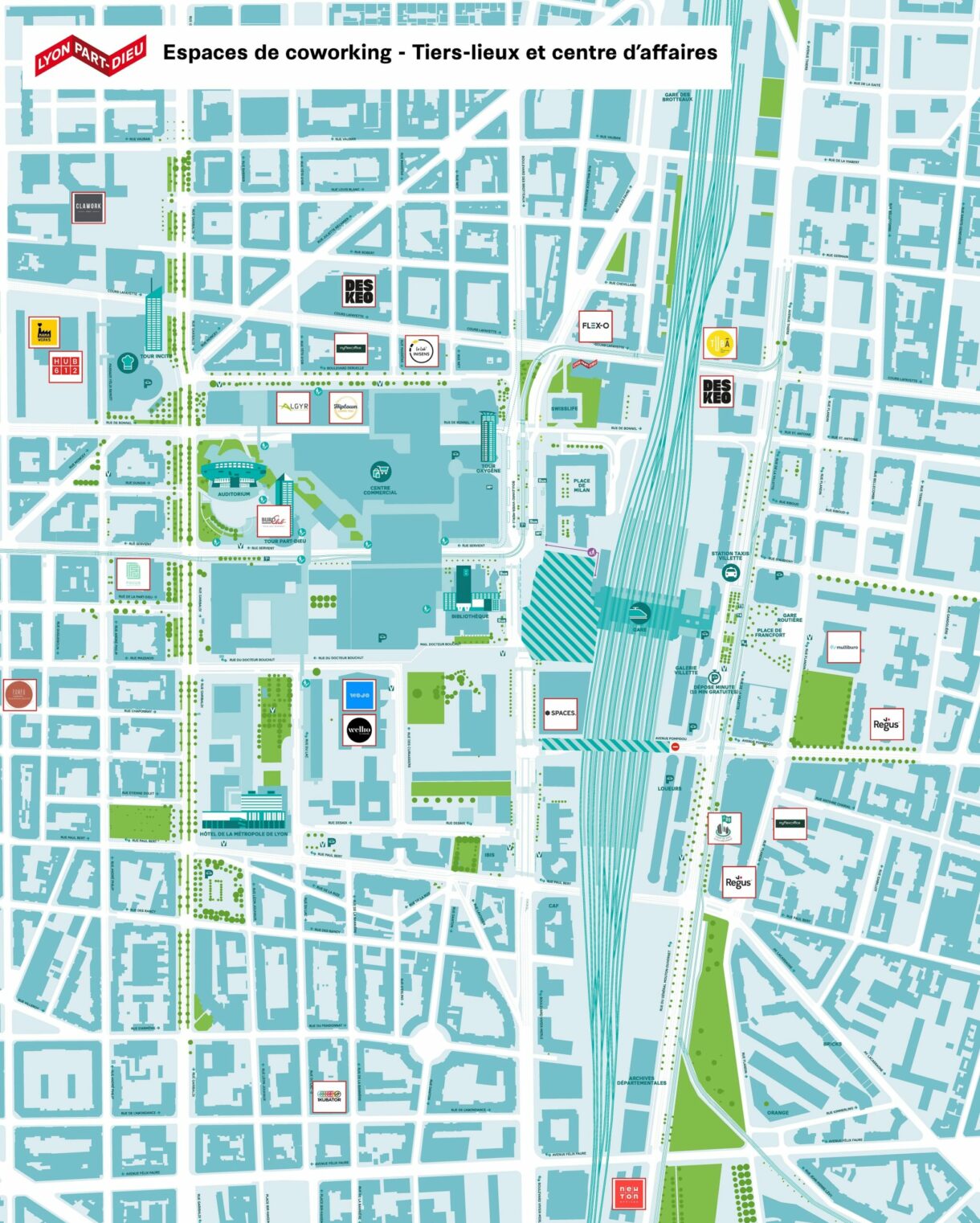carte du quartier de la Part-Dieu localisant les espaces de coworking, tiers-lieux et centres d'affaires