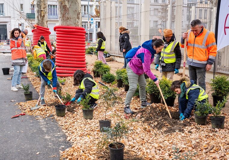 Bénévoles plantant des arbres en ville.